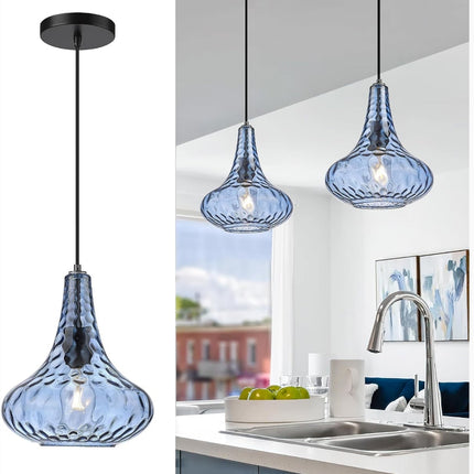 AUTELO Blue Pendant Lights Kitchen Island, 10" Hammered Glass Pendant Lights, Modern Pendant Light Fixtures in Matte Black Finish, Hanging Lamp for Dining Room, Kitchen Sink, H9164 BU