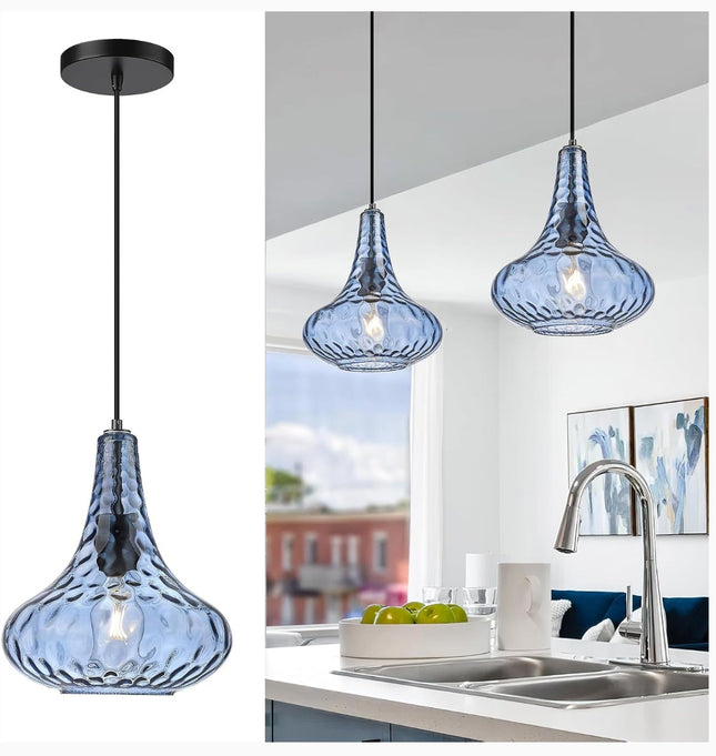 AUTELO Blue Pendant Lights Kitchen Island, 10" Hammered Glass Pendant Lights, Modern Pendant Light Fixtures in Matte Black Finish, Hanging Lamp for Dining Room, Kitchen Sink, H9164 BU