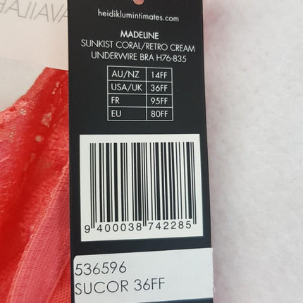 New Heidi Klum Madeline, Sunkist Coral/Retro Cream Underwire Bra US36FF/EU80FF