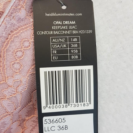 New Heidi Klum, Opal Dream Keepsake Lilac, Contour Balconnet Bra US36B/EU80B