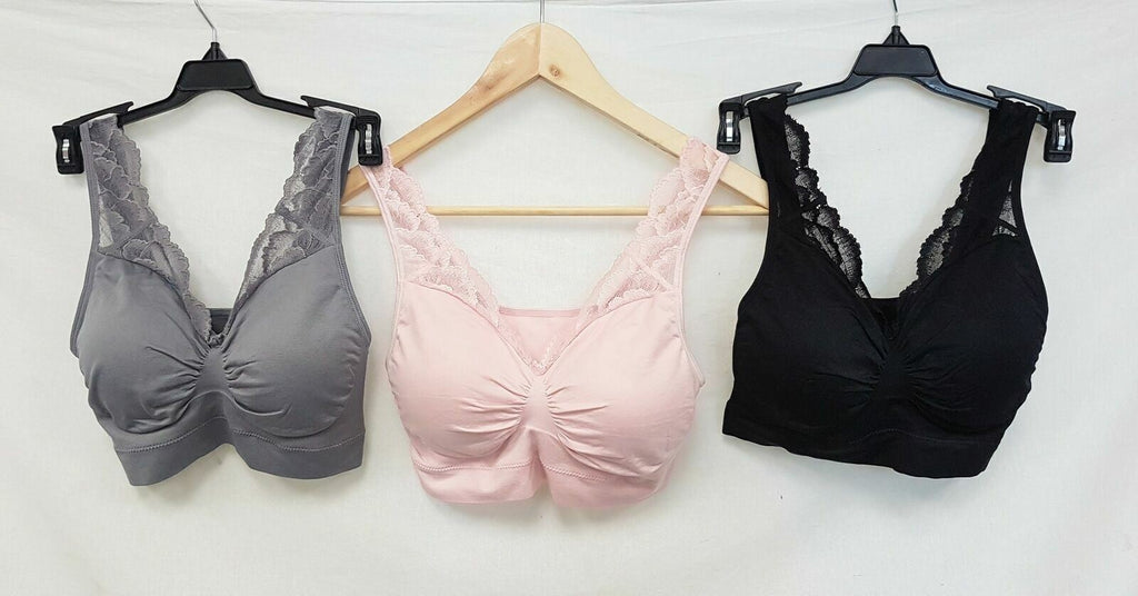 3X Rhonda Shear #9341 Ahh Bra with Lace & Removable Pads, LIGHT PINK/BLACK/GREY