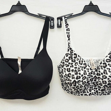LOT OF 2 Rhonda Shear #0024 Molded Cup Wireless Bra, SNOW LEOPARD & BLACK