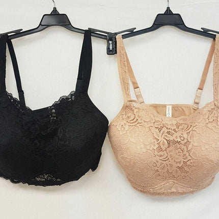 LOT OF 2 Rhonda Shear #9340 Molded Cup Bra with Lace Detail Front, BLACK & NUDE