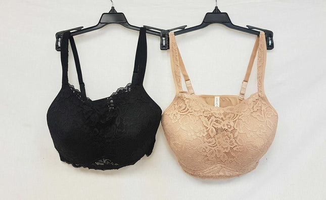 LOT OF 2 Rhonda Shear #9340 Molded Cup Bra with Lace Detail Front, BLACK & NUDE