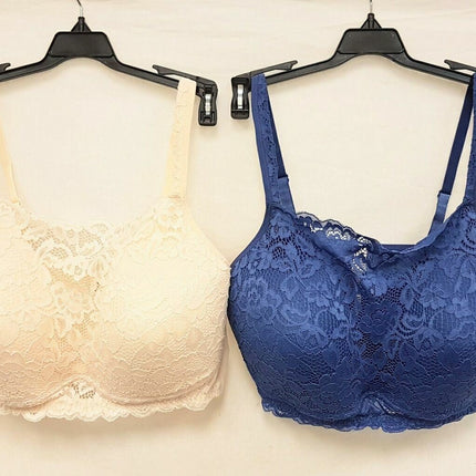 LOT OF 2 Rhonda Shear #9340 Molded Cup Bra with Lace Detail Front, NAVY & CREAM