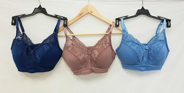 LOT OF 3 Rhonda Shear #671 Lace Back Pin-Up Bra, DARK BLUE, MOCHA, ICE BLUE