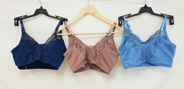 LOT OF 3 Rhonda Shear #671 Lace Back Pin-Up Bra, DARK BLUE, MOCHA, ICE BLUE