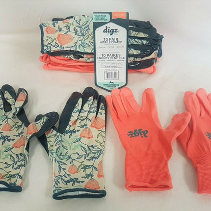 LOT OF 10 DIGZ Women's Nitrile Coated Garden Gloves - Size MEDIUM/LARGE