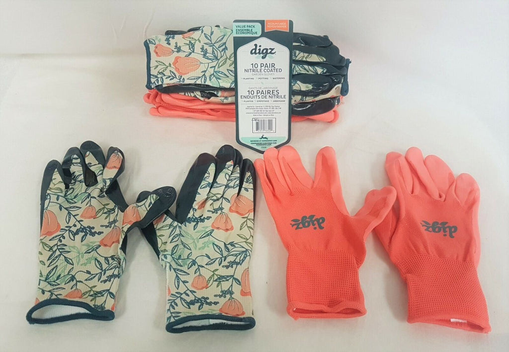 LOT OF 10 DIGZ Women's Nitrile Coated Garden Gloves - Size MEDIUM/LARGE