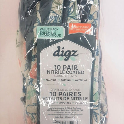 LOT OF 10 DIGZ Women's Nitrile Coated Garden Gloves - Size MEDIUM/LARGE