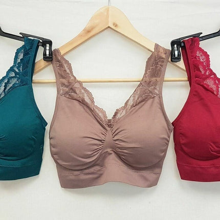 LOT OF 3 Rhonda Shear #9341 Ahh Bra with Lace & Removable Pads, WINE/TEAL/MOCHA