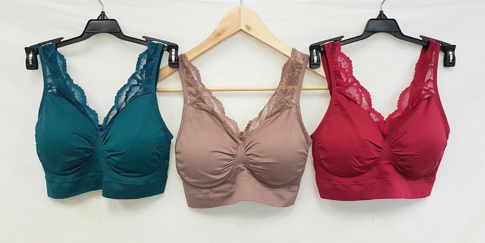 LOT OF 3 Rhonda Shear #9341 Ahh Bra with Lace & Removable Pads, WINE/TEAL/MOCHA