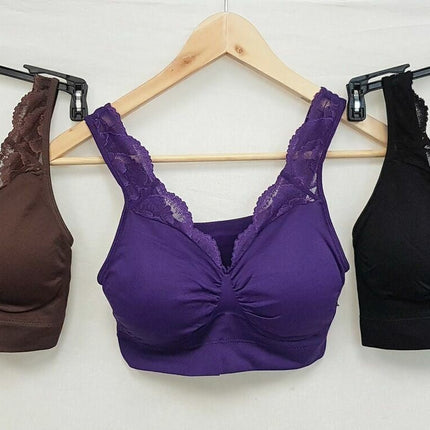 3X Rhonda Shear #9341 Ahh Bra with Lace & Removable Pads, HOTCHOCO/PURPLE/BLACK