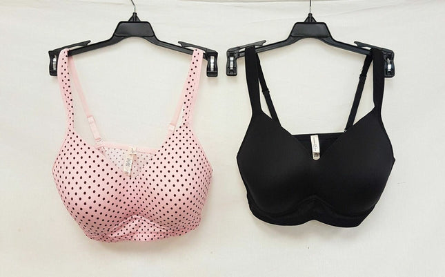 LOT OF 2 Rhonda Shear 0024 Molded Cup Wireless Bra, BLACK & DUSTY PINK POLKA DOT