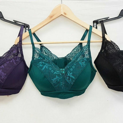 LOT OF 3 Rhonda Shear #671 Lace Back Pin-Up Bra, BLACK & GREEN & PURPLE