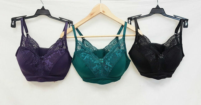 LOT OF 3 Rhonda Shear #671 Lace Back Pin-Up Bra, BLACK & GREEN & PURPLE