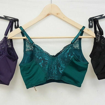 LOT OF 3 Rhonda Shear #671 Lace Back Pin-Up Bra, BLACK & GREEN & PURPLE