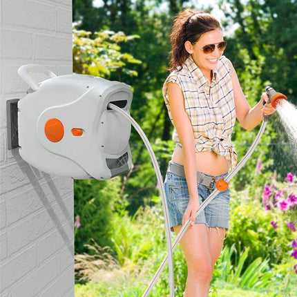 TACKLIFE Retractable Garden Hose Reel, 100+6.7 FT 1/2" Automatic Rewind Wall Mounted Hose Reel with 8 Patterns Hose Nozzles, 180° Garden Watering & Car Washing