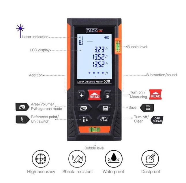 NEW, TACKLIFE 196Ft Mute Distance Meter Laser w/ 2 Bubble Levels