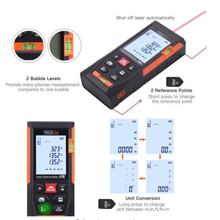 NEW, TACKLIFE 196Ft Mute Distance Meter Laser w/ 2 Bubble Levels
