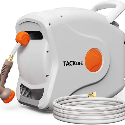 TACKLIFE Retractable Garden Hose Reel, 100+6.7 FT 1/2" Automatic Rewind Wall Mounted Hose Reel with 8 Patterns Hose Nozzles, 180° Garden Watering & Car Washing