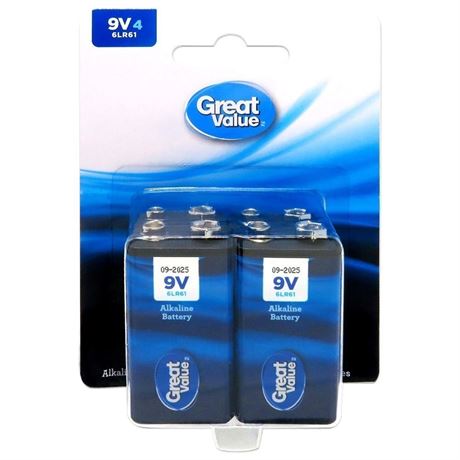 4 pack GREAT VALUE 9V Alkaline Batteries,