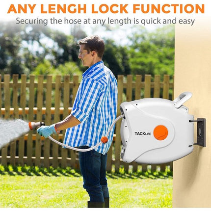 TACKLIFE Retractable Garden Hose Reel, 100+6.7 FT 1/2" Automatic Rewind Wall Mounted Hose Reel with 8 Patterns Hose Nozzles, 180° Garden Watering & Car Washing