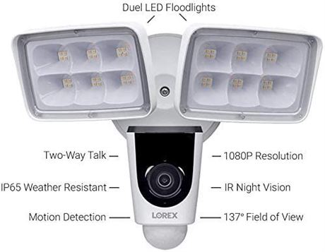Lorex 1080p Wi-Fi Dual Floodlight Camera, Fully weatherproof USED USED GOOD IN RETAIL BOX