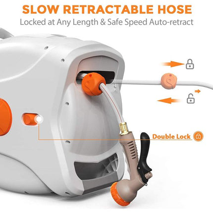 TACKLIFE Retractable Garden Hose Reel, 100+6.7 FT 1/2" Automatic Rewind Wall Mounted Hose Reel with 8 Patterns Hose Nozzles, 180° Garden Watering & Car Washing