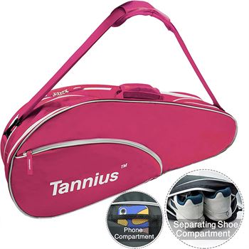 Pink, Tannius 3 Racket Tennis Bag, with Shoe & Phone Compartment and Protective Pad, Super Roomy and Lightweight Racquet Bag for Tennis, Badminton