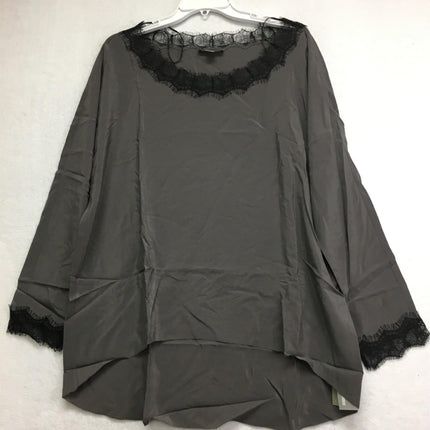 New GO SILK, Lace Trimmed Blouse Charcoal XL
