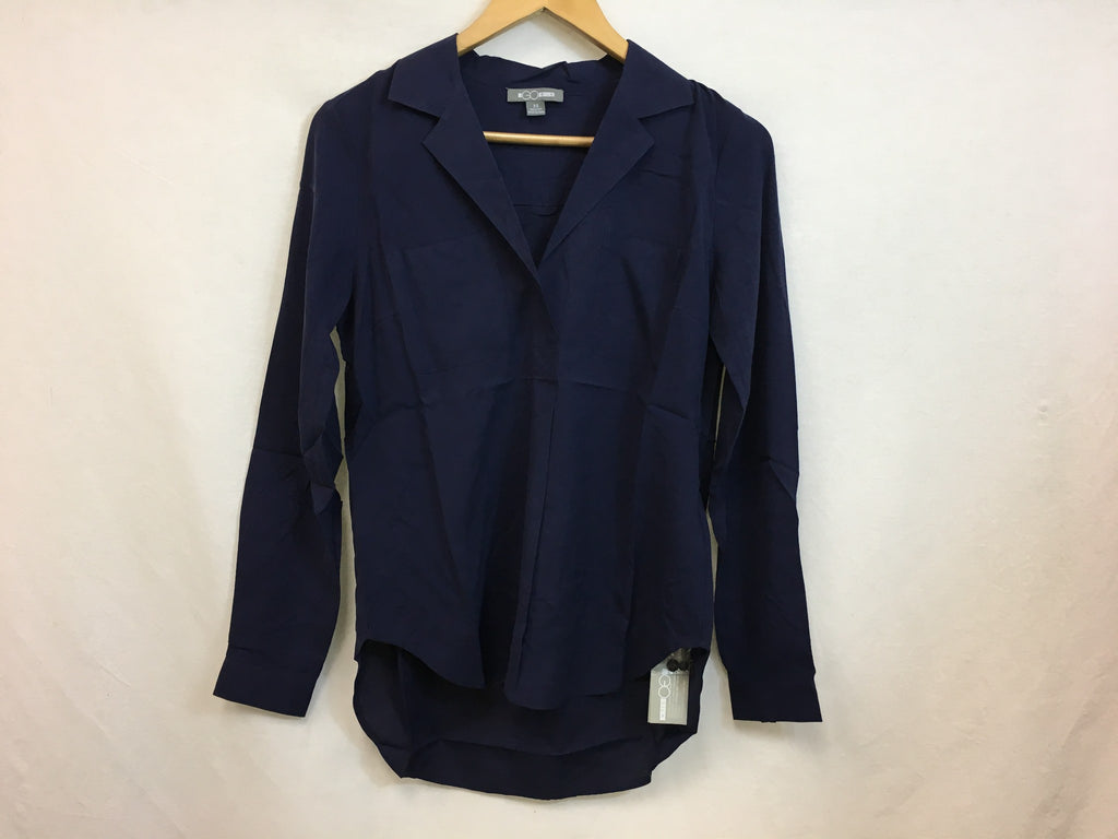 New GO Silk, Anywhere Pop Over Blouse Long Sleeve Polo Navy XS