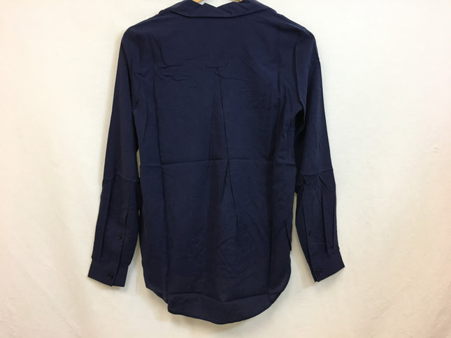 New GO Silk, Anywhere Pop Over Blouse Long Sleeve Polo Navy XS