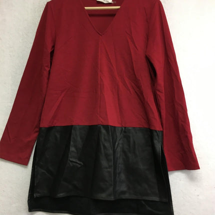 New N NATORI, Solid Jersey Knit Tunic With Faux Leather Dress Dark Red S/P