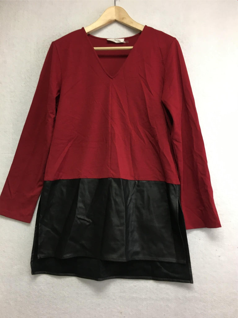 New N NATORI, Solid Jersey Knit Tunic With Faux Leather Dress Dark Red S/P