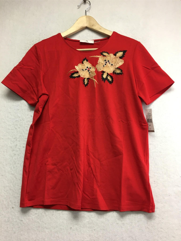 New N NATORI Embroidered Floral Red T-Shirt Medium