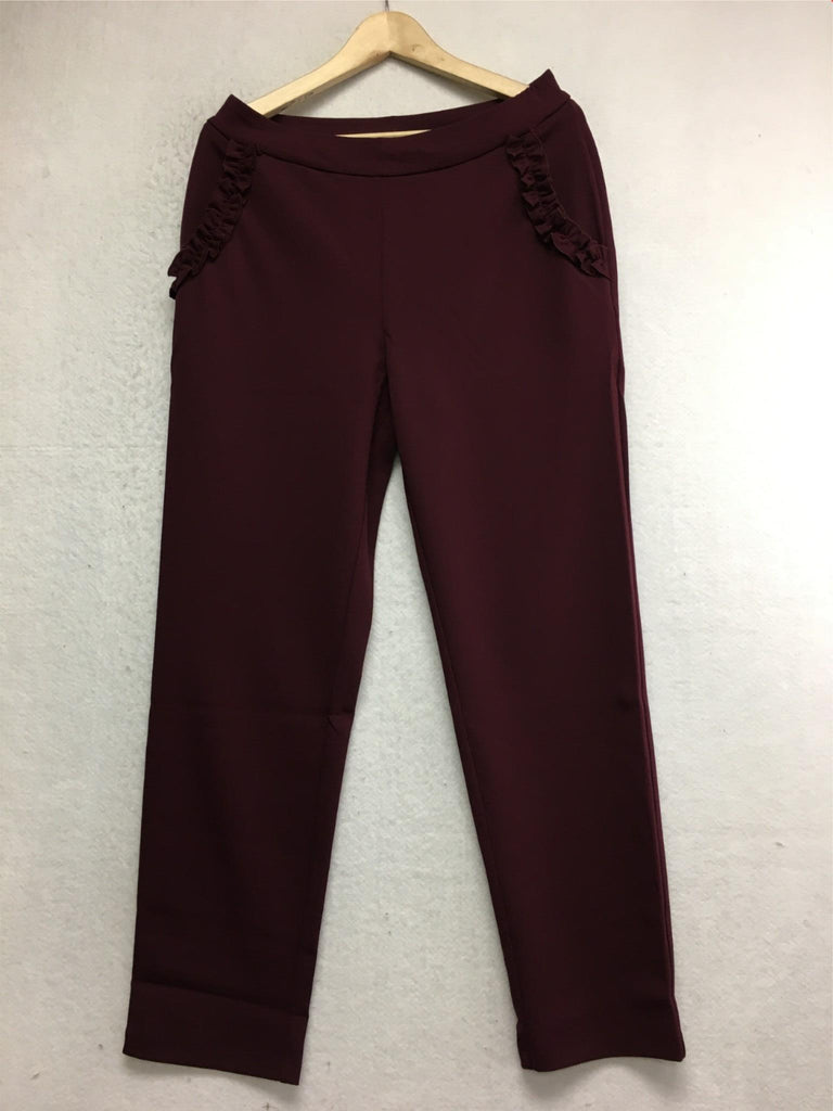 New NINA LEONARD Flat Waistband High Tech Crepe Pant With Ruffle Wine Medium