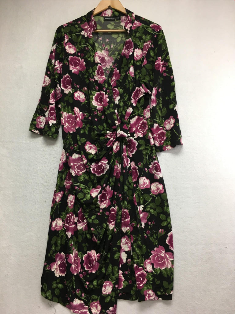 New NINA LEONARD Long Sleeve Floral Wrap Dress Black Multi 3X