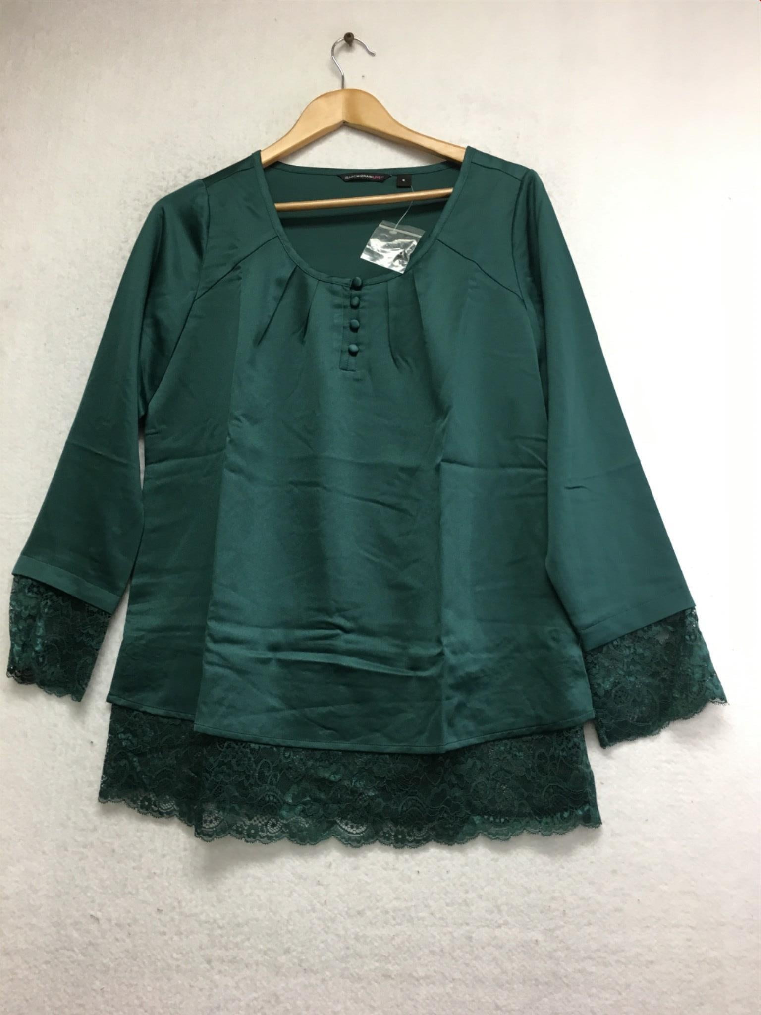 New ISAAC MIZRAHILive!, Long Sleeve Round Neck With Lace Fir Green Size 4