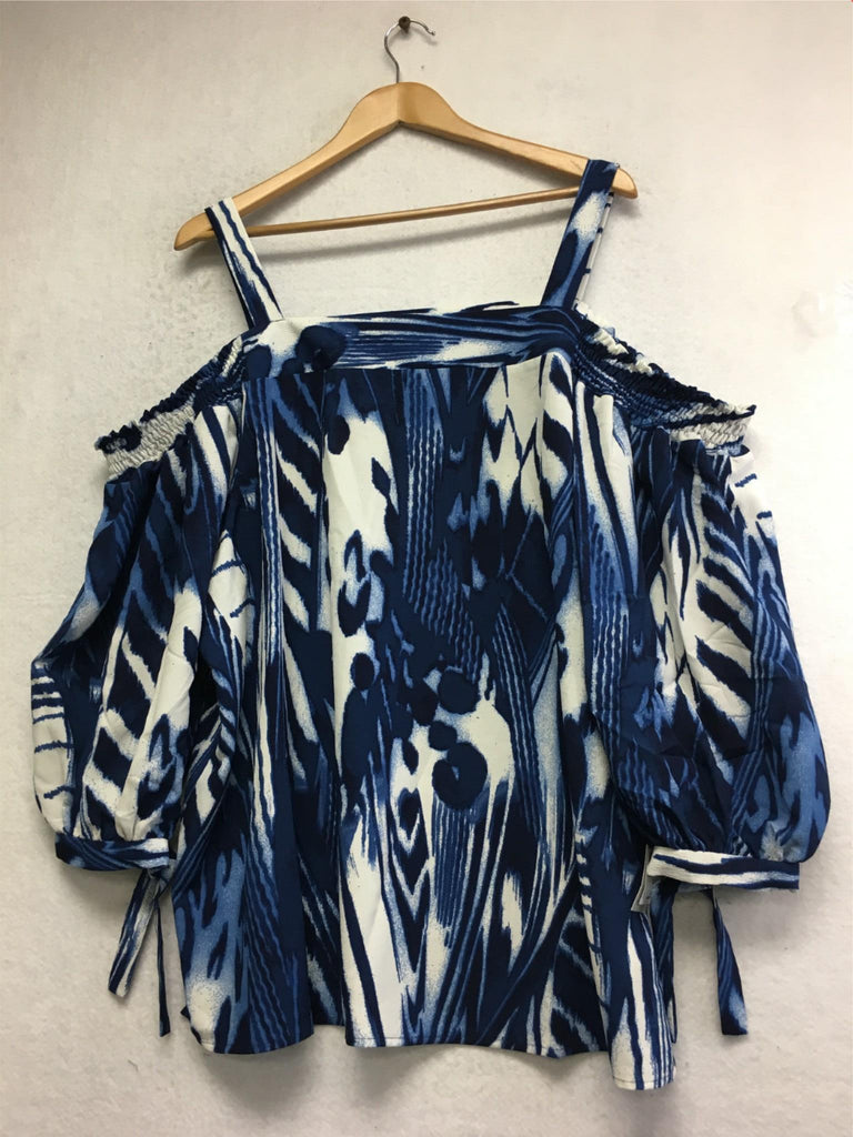 New N Natori Printed Crepe Off Shoulder Blouse Navy/White 1X