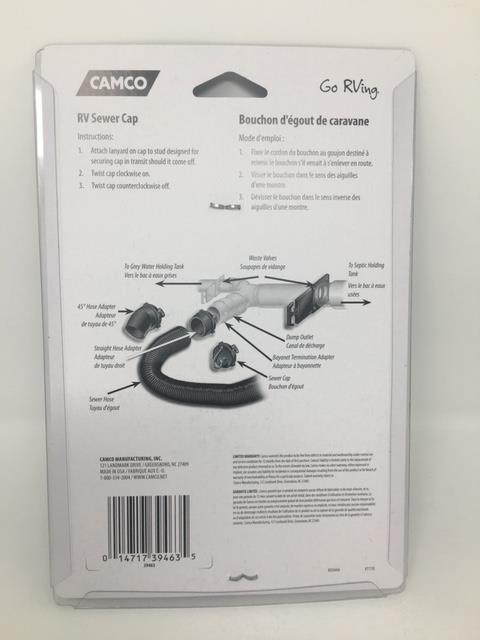 NEW Camco 39463-X RV Sewer Cap with Hose Connection