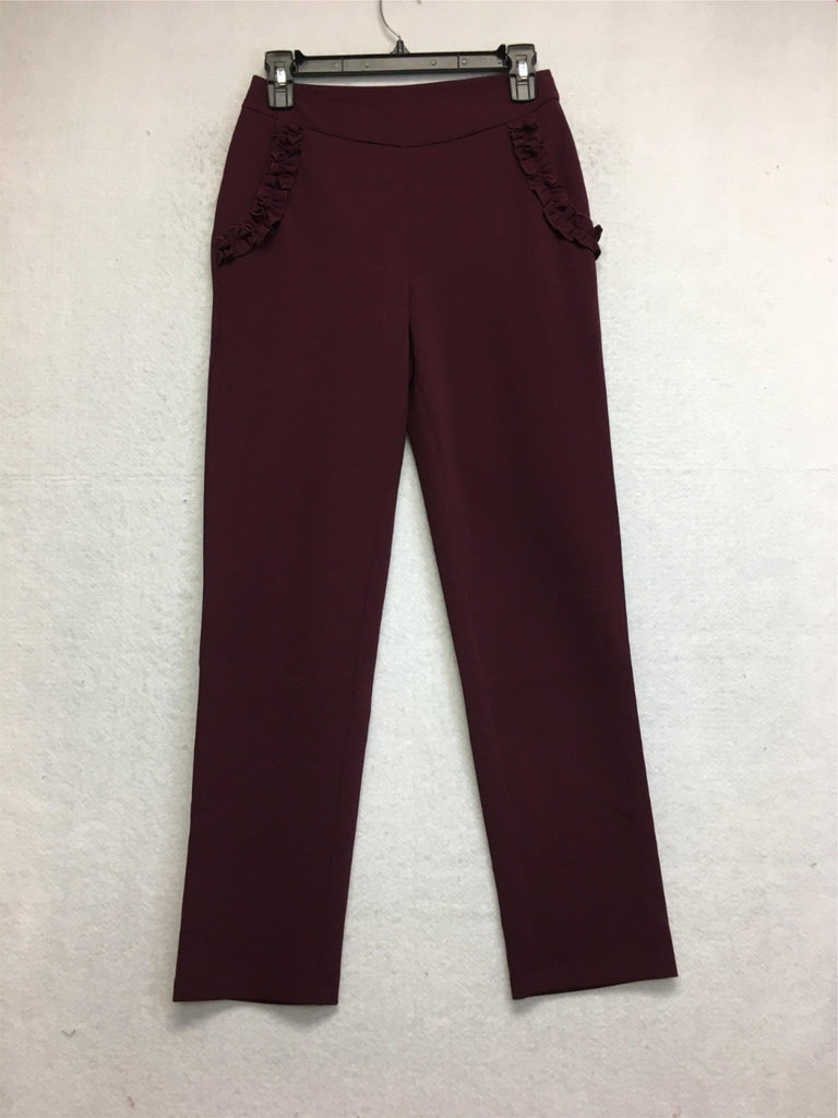 New NINA LEONARD Flat Waistband High Tech Crepe Pant With Ruffle Wine Small